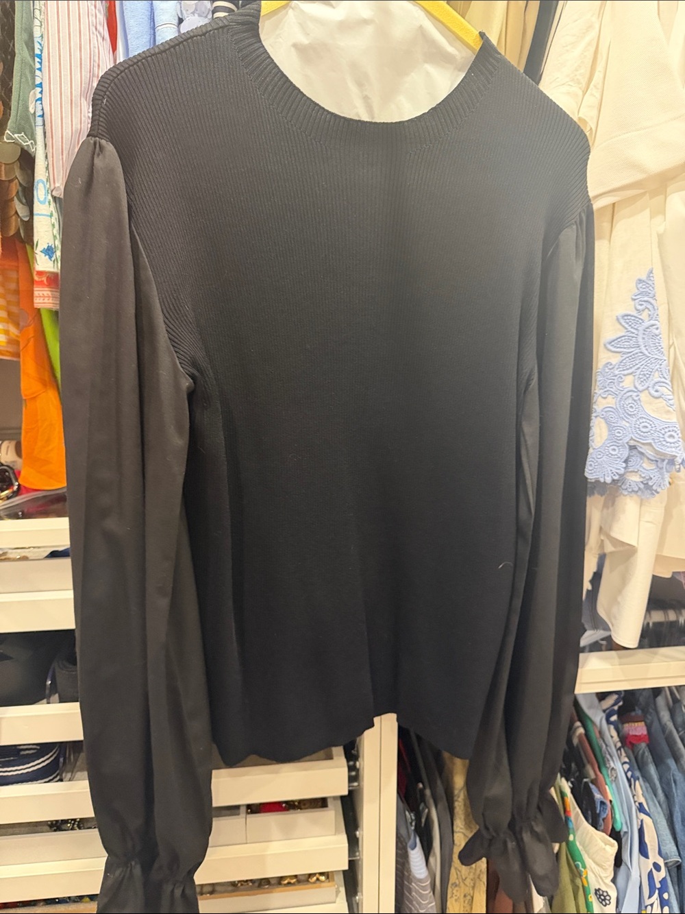 Anthropologie ribnes Black Long Sleeve Puff-Sleeve Top